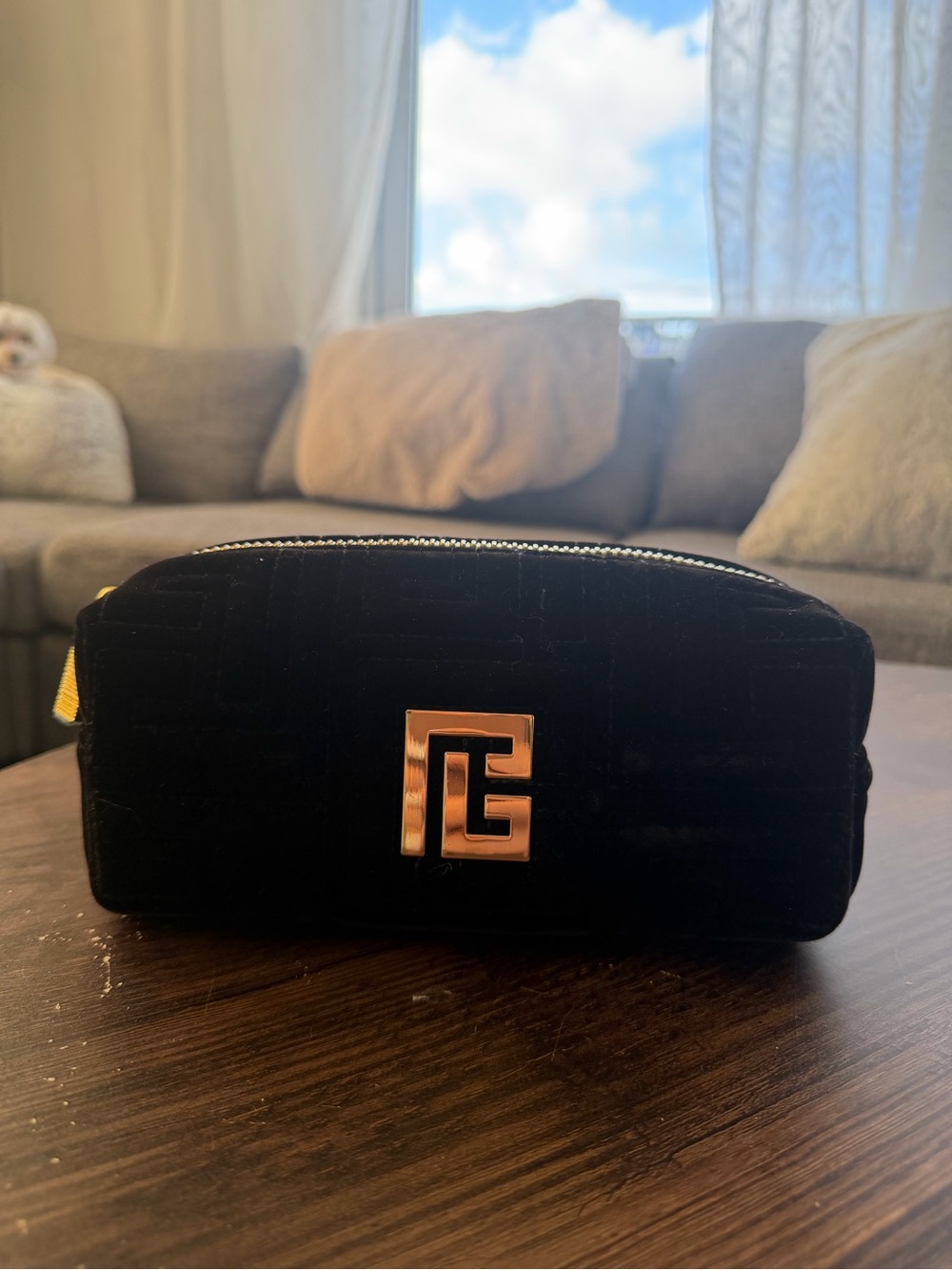 Balmain Black Velvet Cosmetic Pouch with Gold Logo